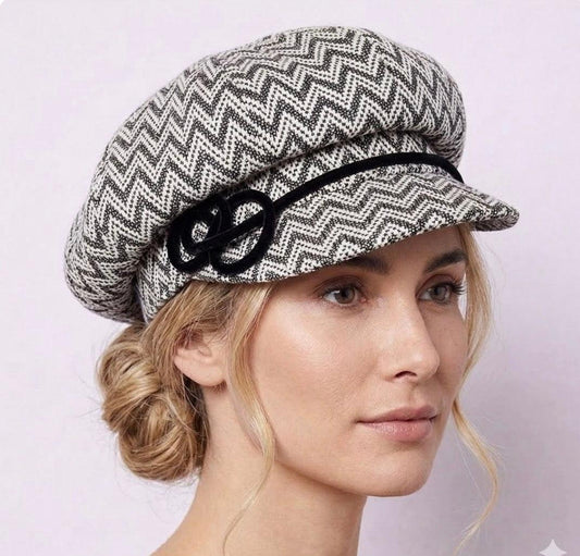 Black White Zigzag Newsboy Cap velvet trim