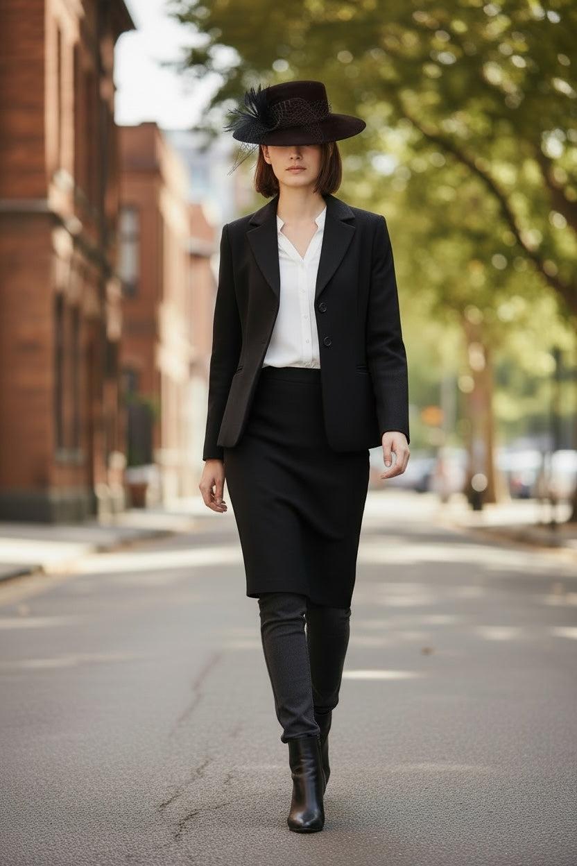 Black Felt Hat with Feather trim