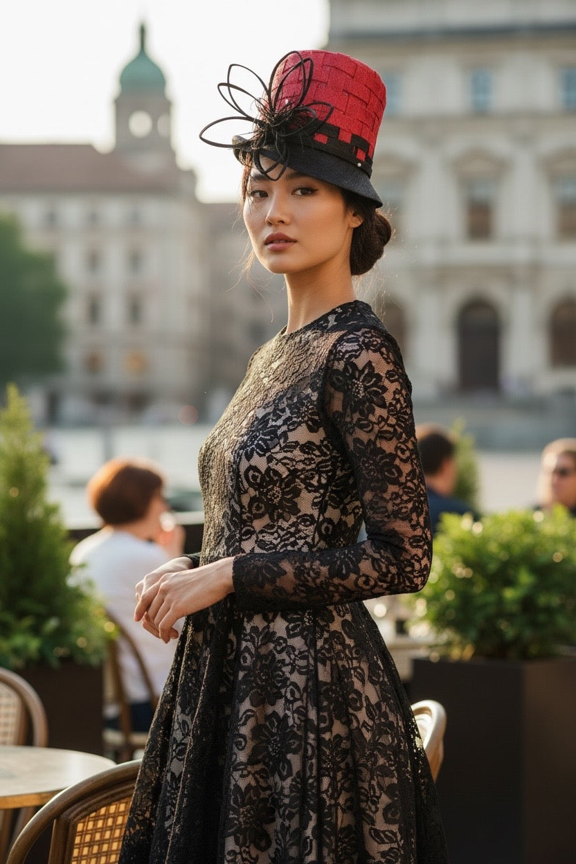 Red Black Top Hat with Short Brim