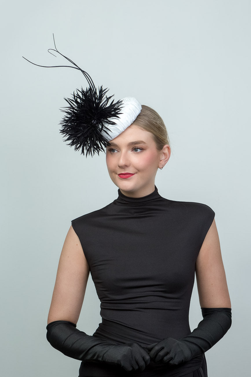 White Small Button Hat with Feather and Quills