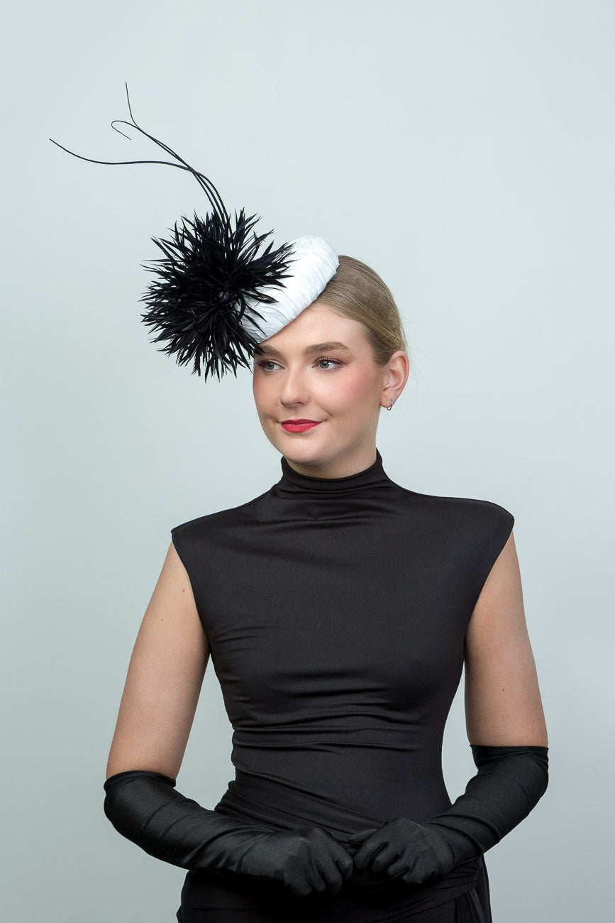 White Small Button Hat with Feather and Quills