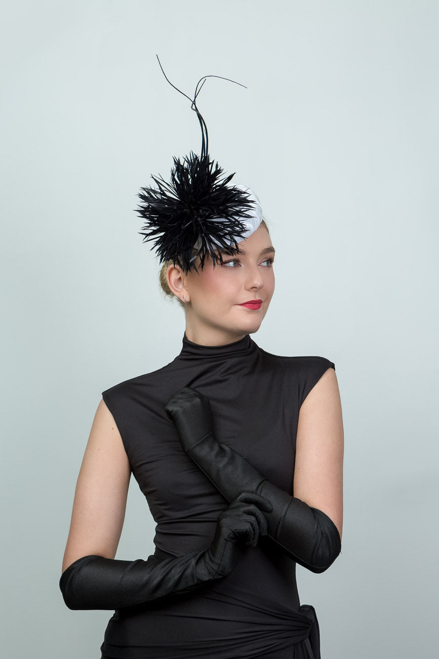 White Small Button Hat with Feather and Quills