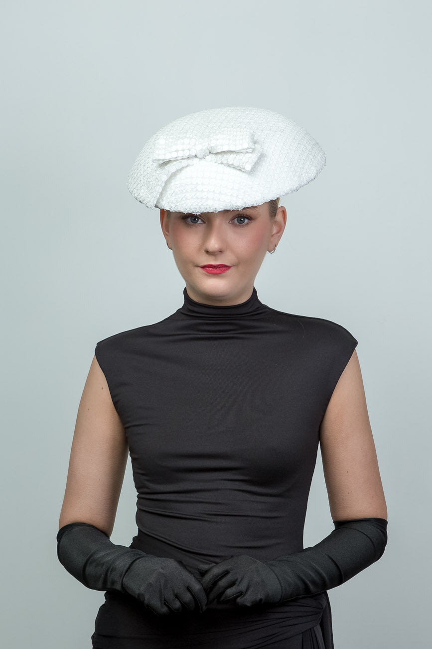 White Sequinned Fabric Flat Brim Hat