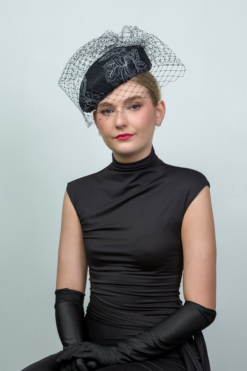 Black Beret Style Hat with Veil