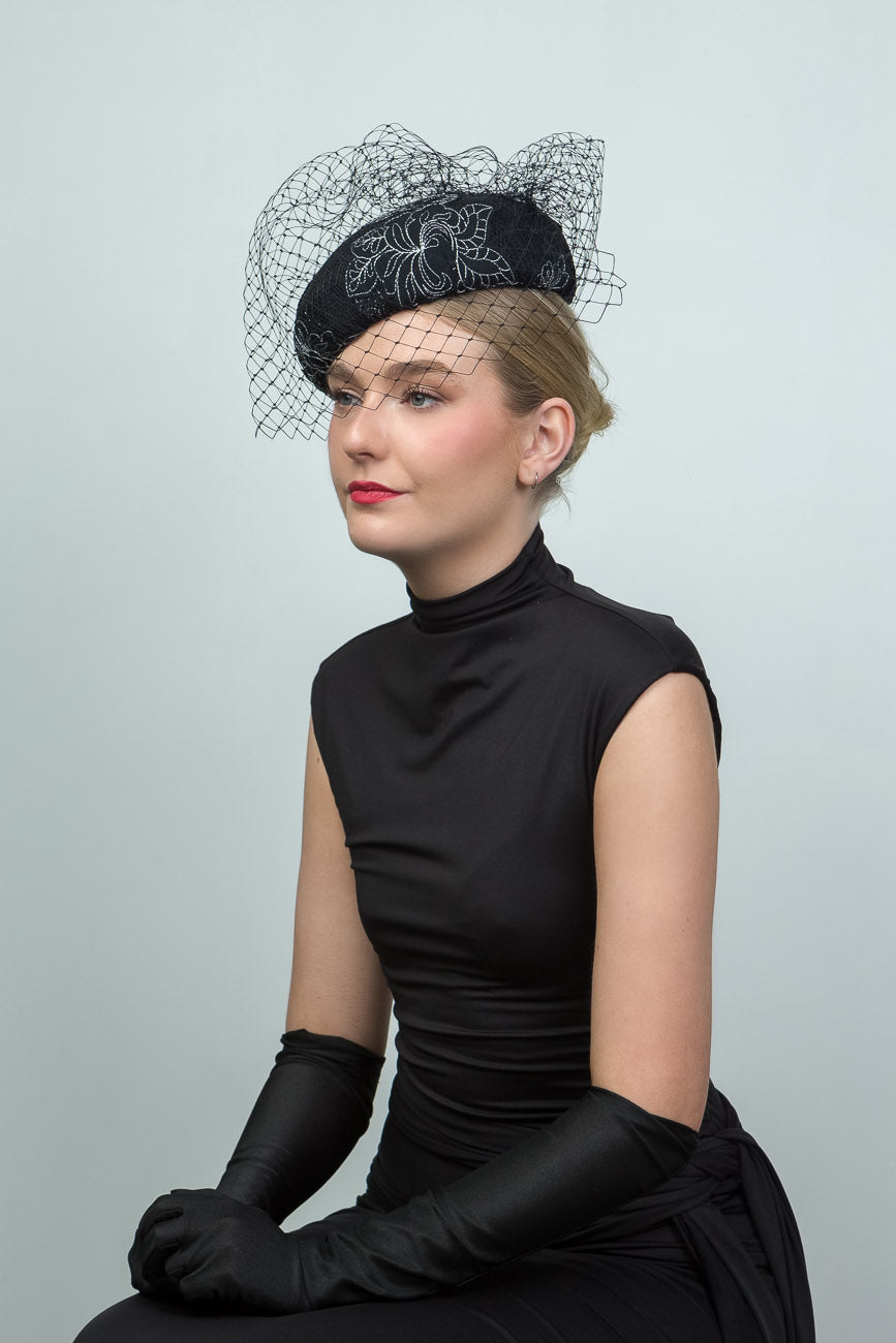 Black Beret Style Hat with Veil