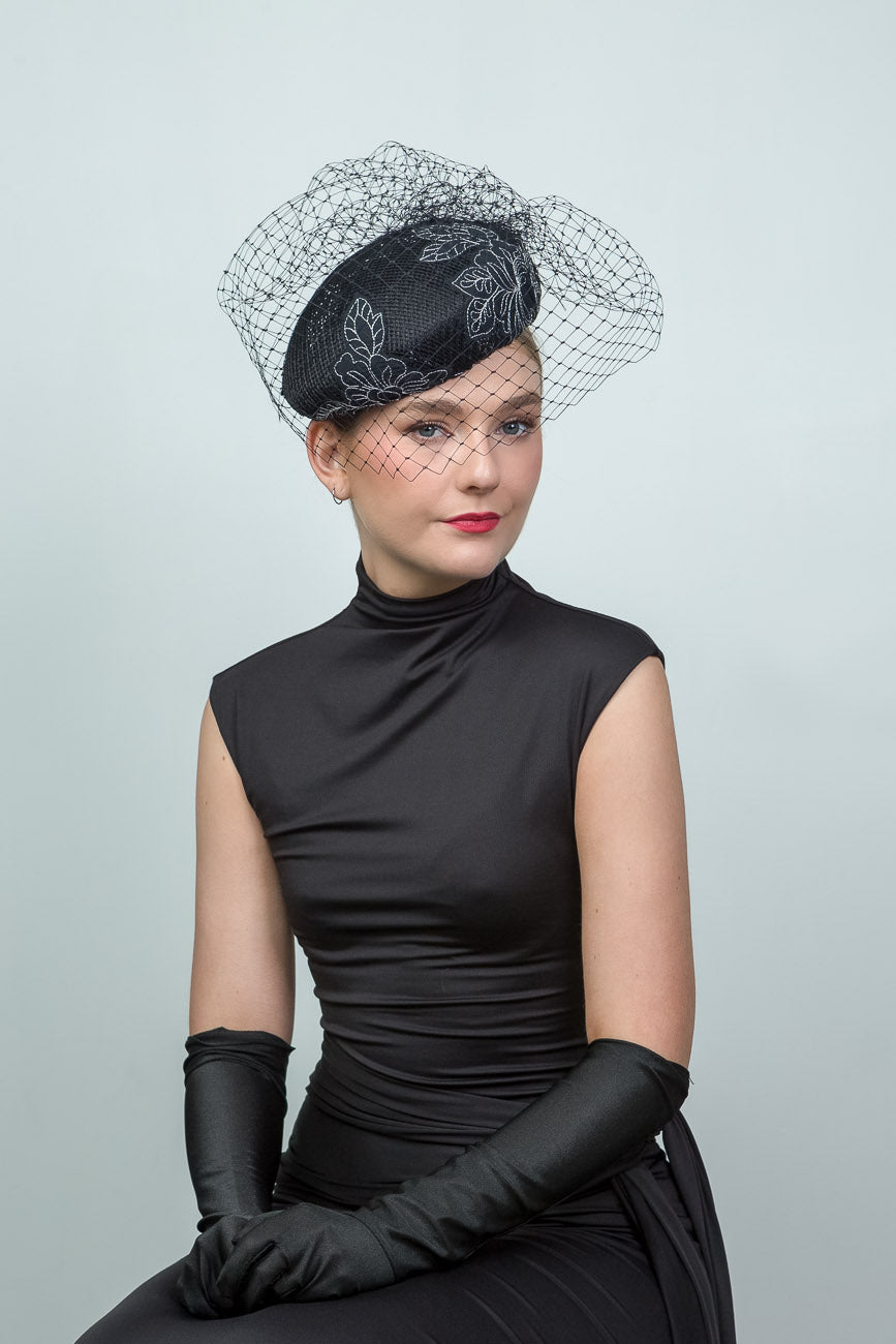 Black Beret Style Hat with Veil