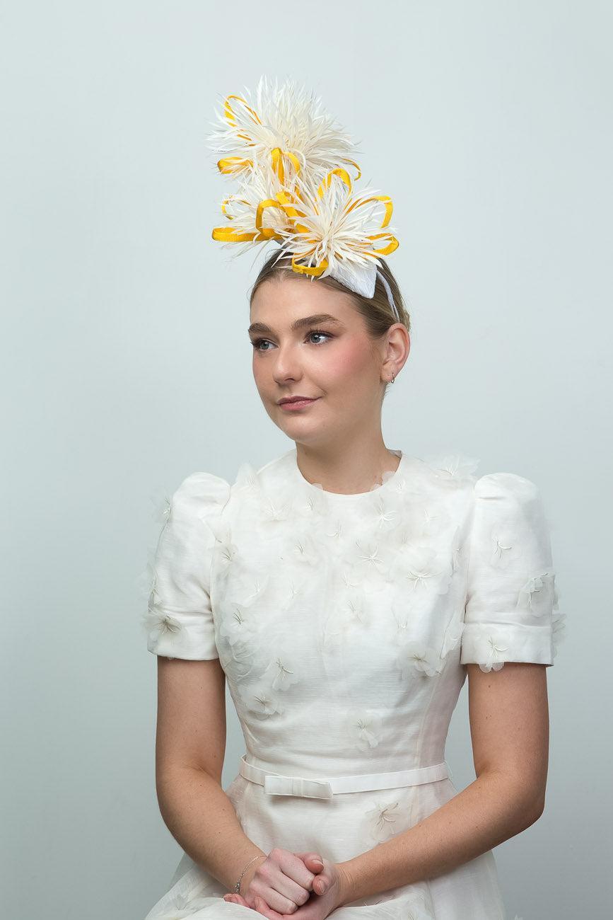 White and Yellow Feather Fascinator.
