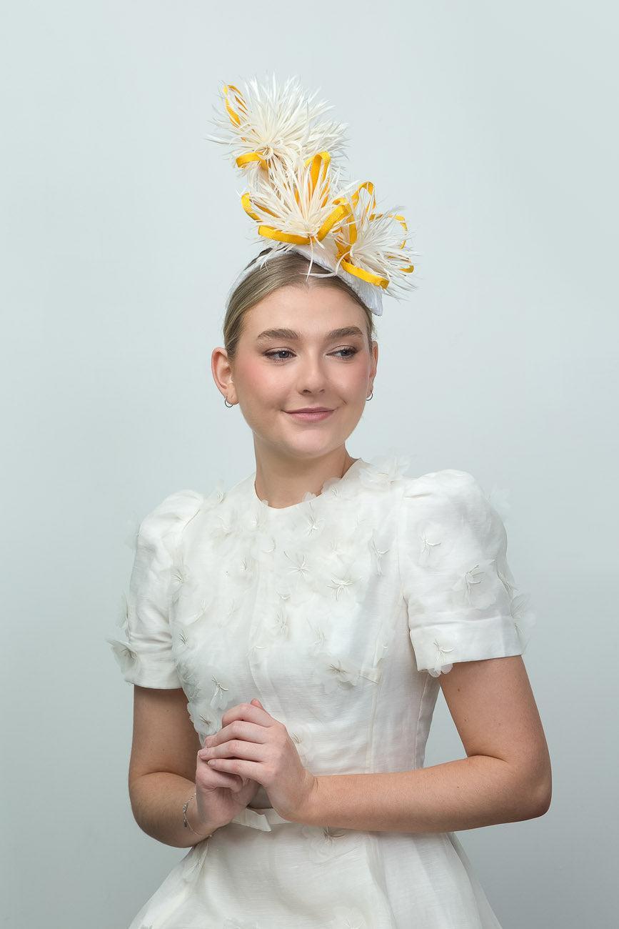White and Yellow Feather Fascinator.