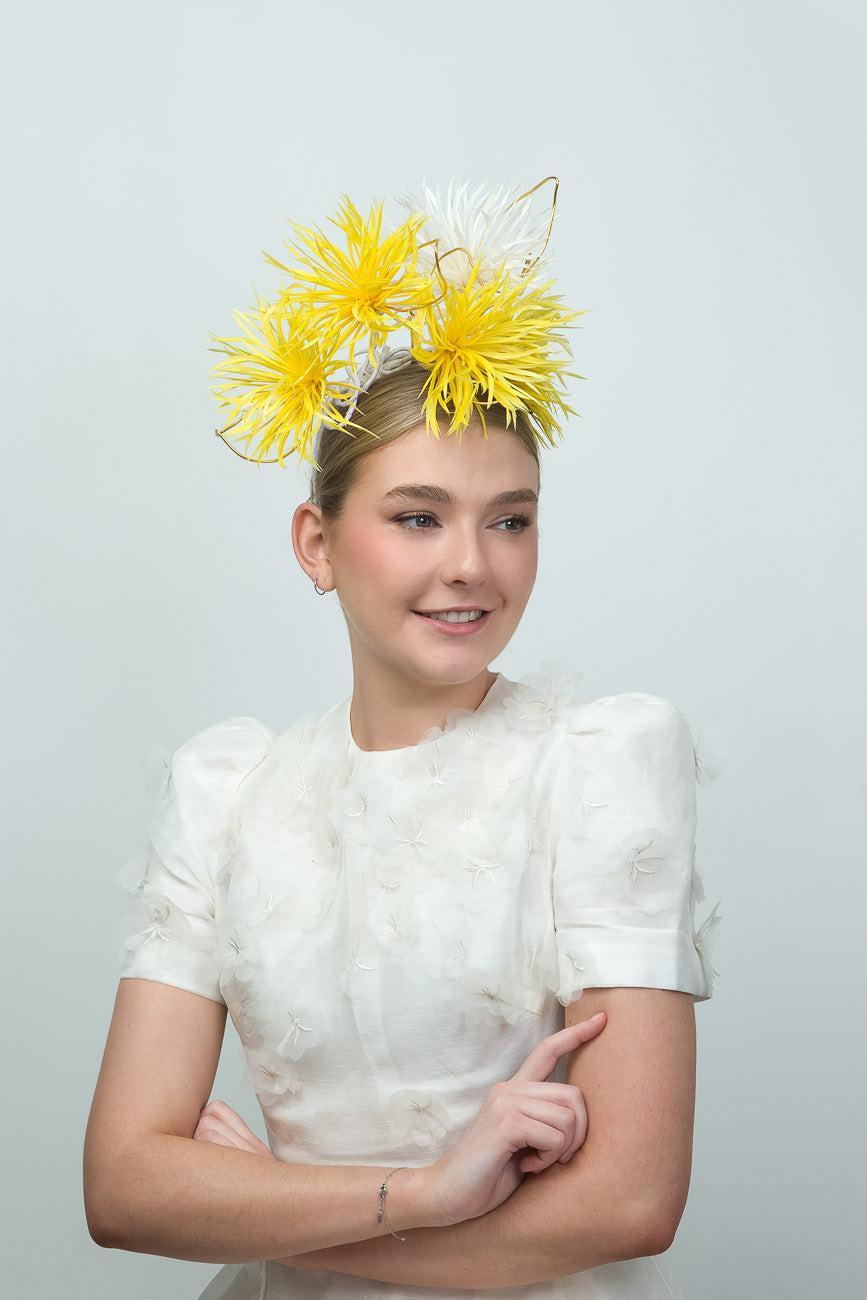 Yellow and White Biot Feather Fascinator