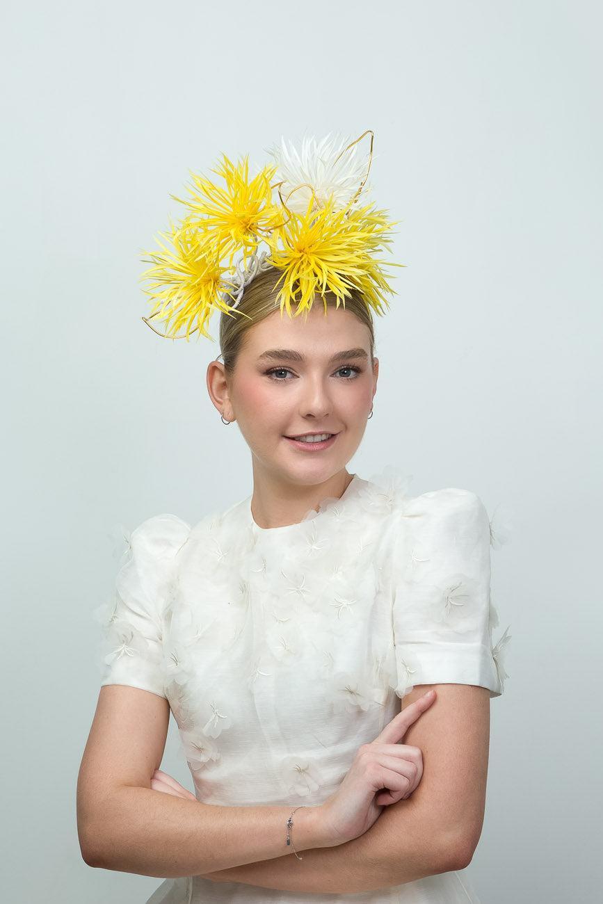 Yellow and White Biot Feather Fascinator