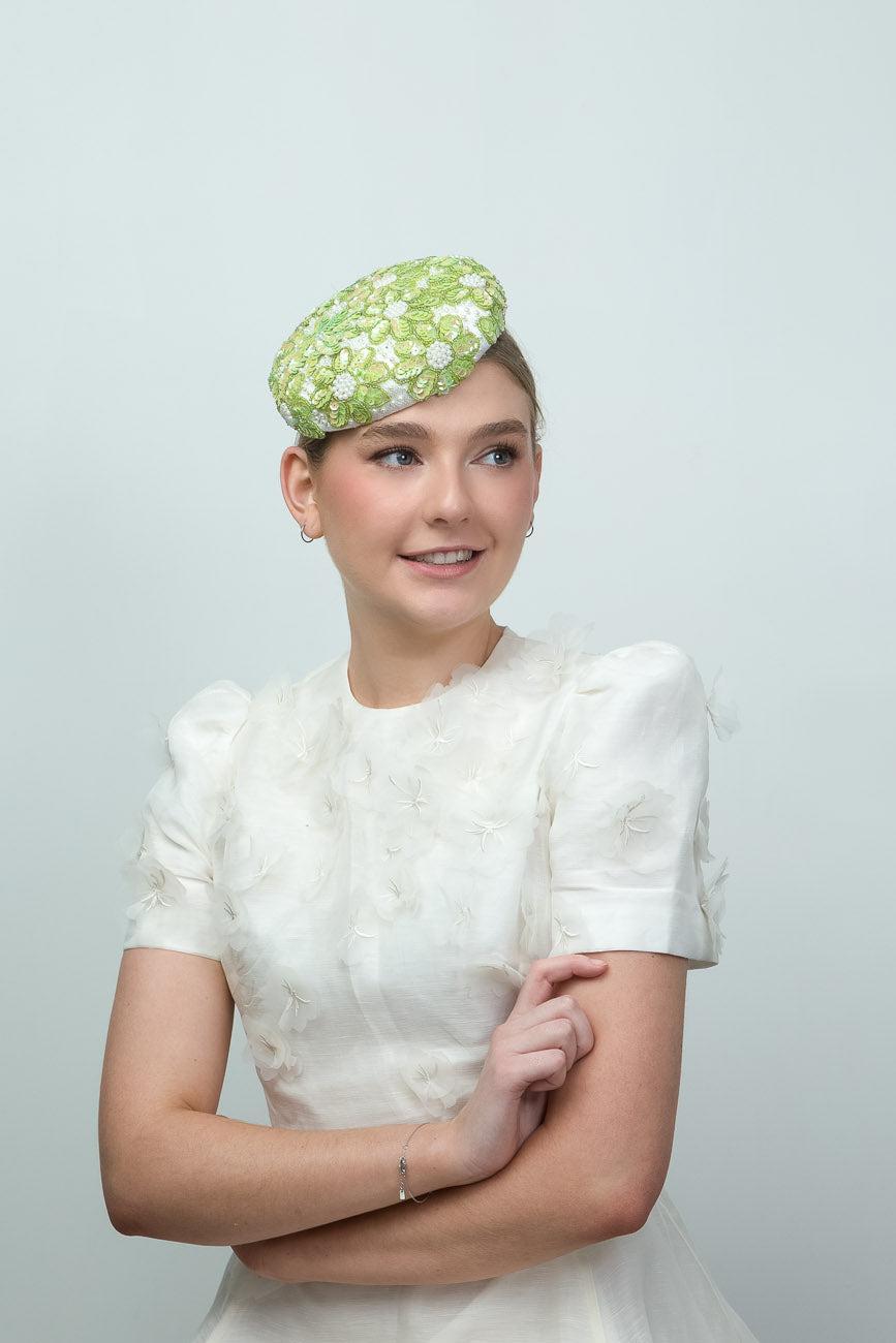 Green and White Beaded Button Hat