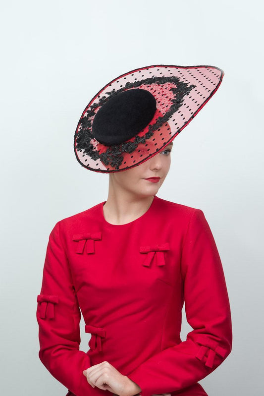 Red Sheer Fabric Black Spot Fascinator