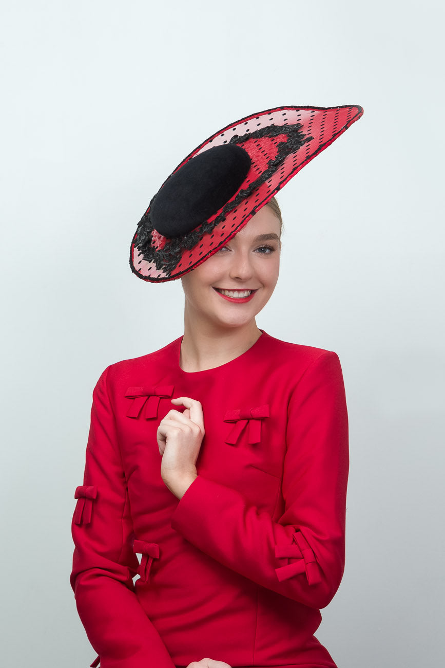 Red Sheer Fabric Black Spot Fascinator