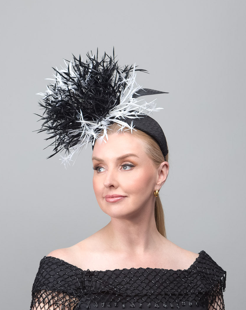 Black White Biot Feather Fascinator