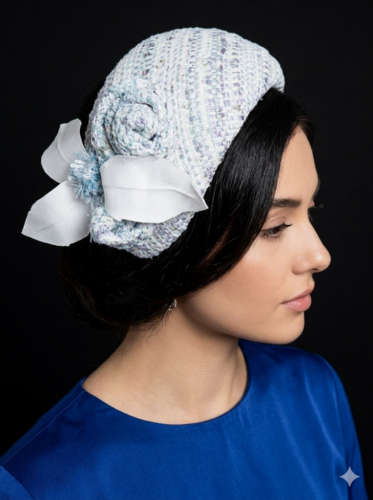 Blue & White Tweed Headband for Race Day Elegance