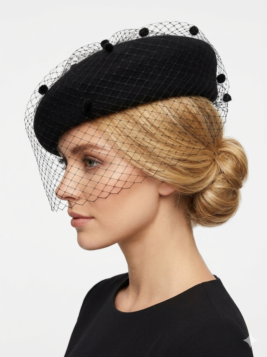 Black Veiling French Beret