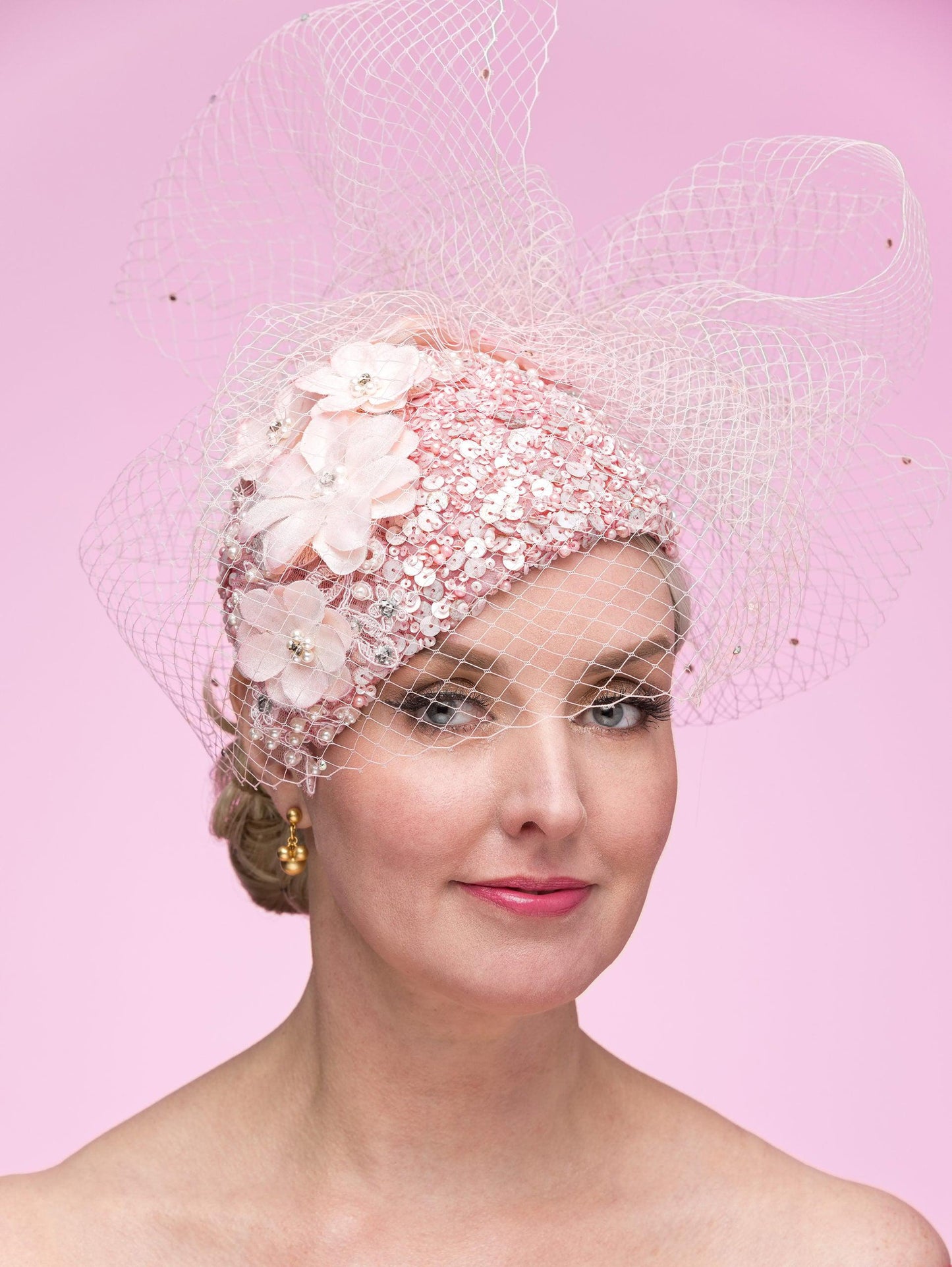 Pink Beaded Silk Caplet Hat