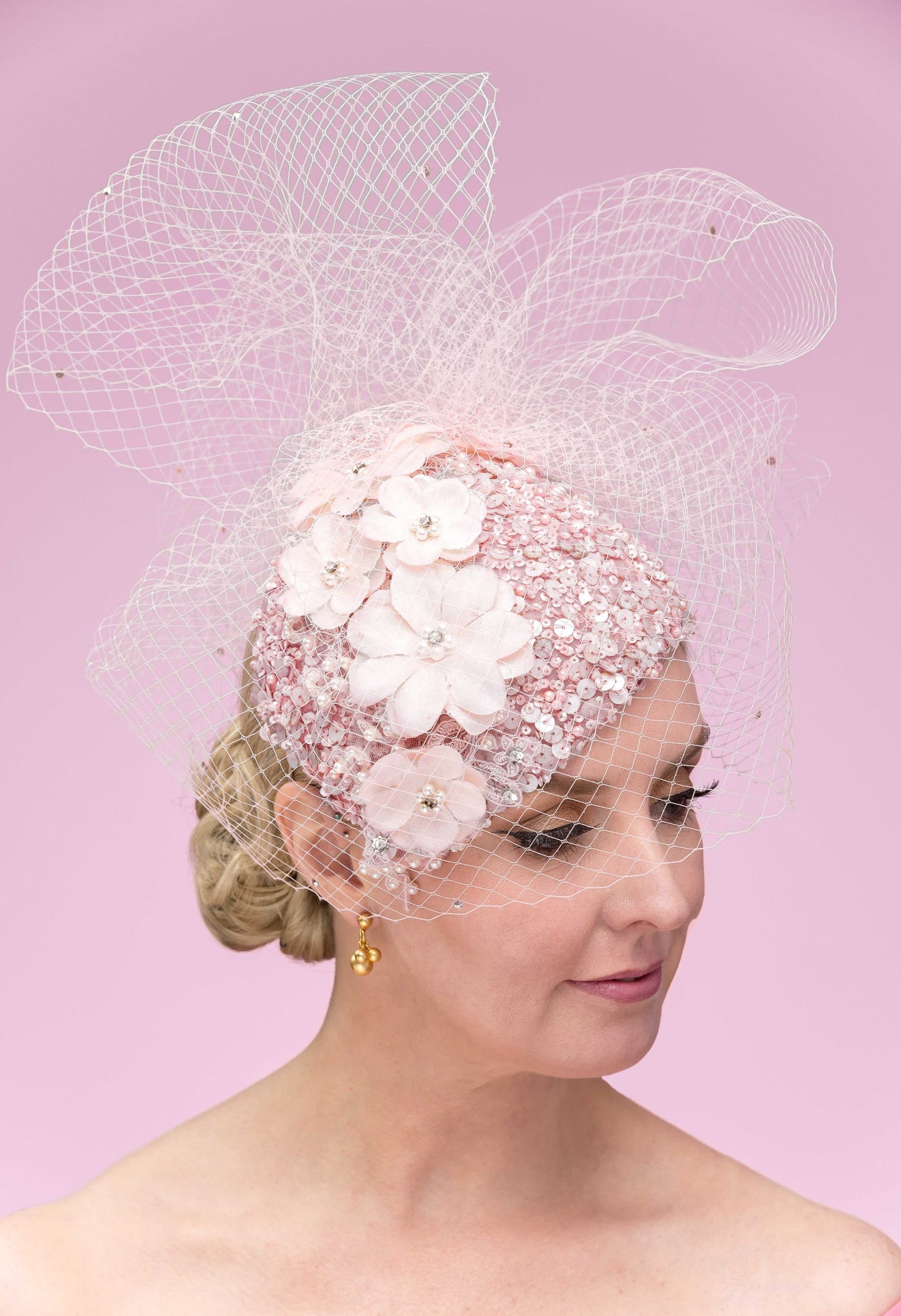 Pink Beaded Silk Caplet Hat