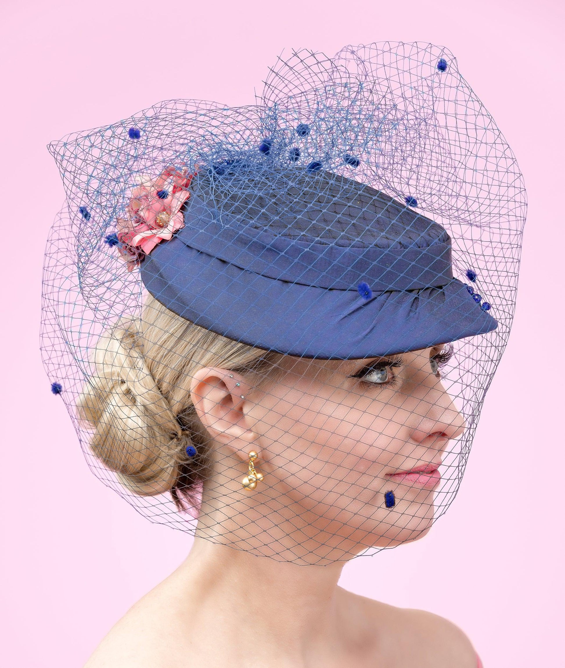 Blue Silk Veil Hat with pink flowers