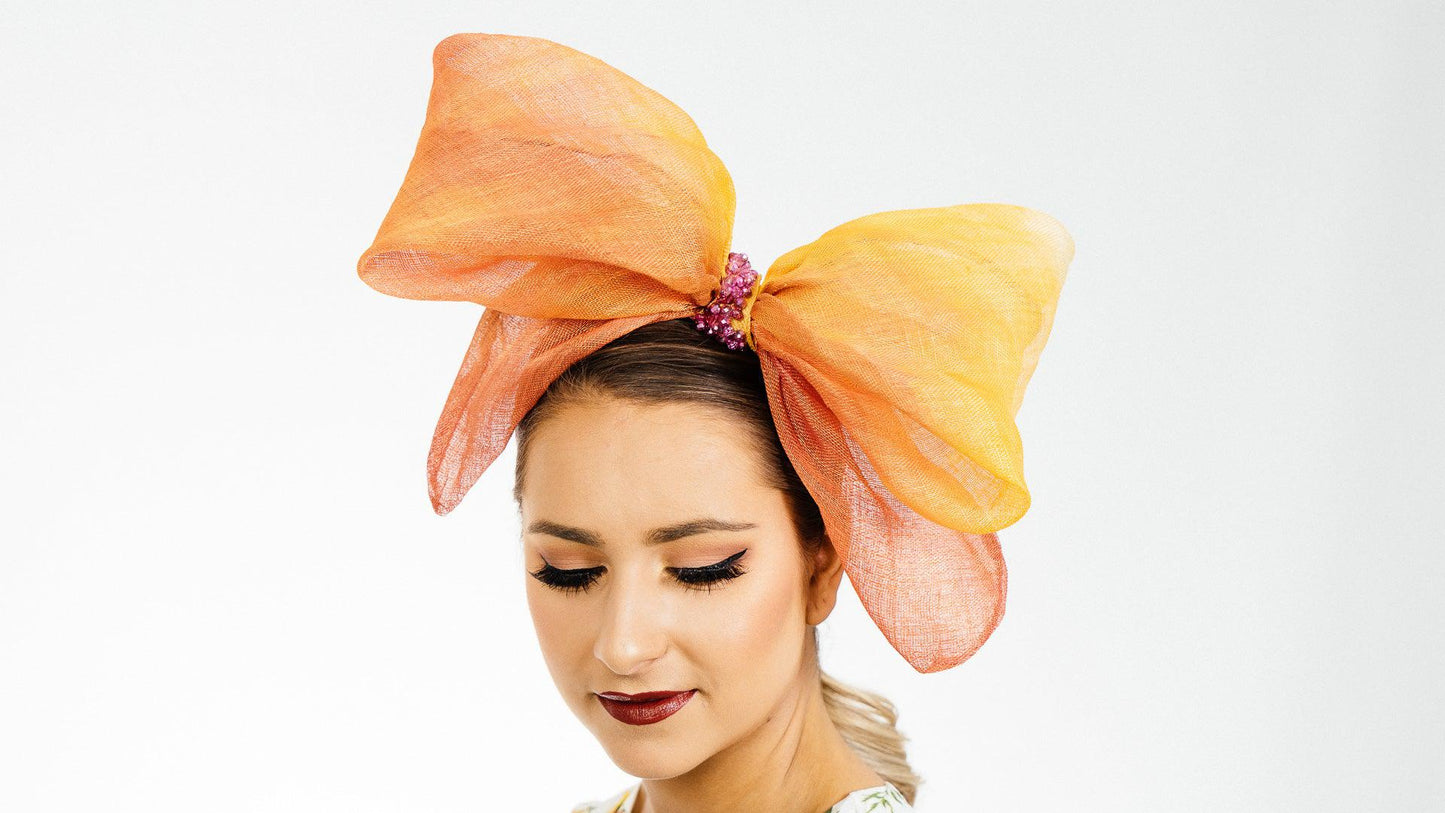 Orange Gold Bow Fascinator hand dyed sinamay