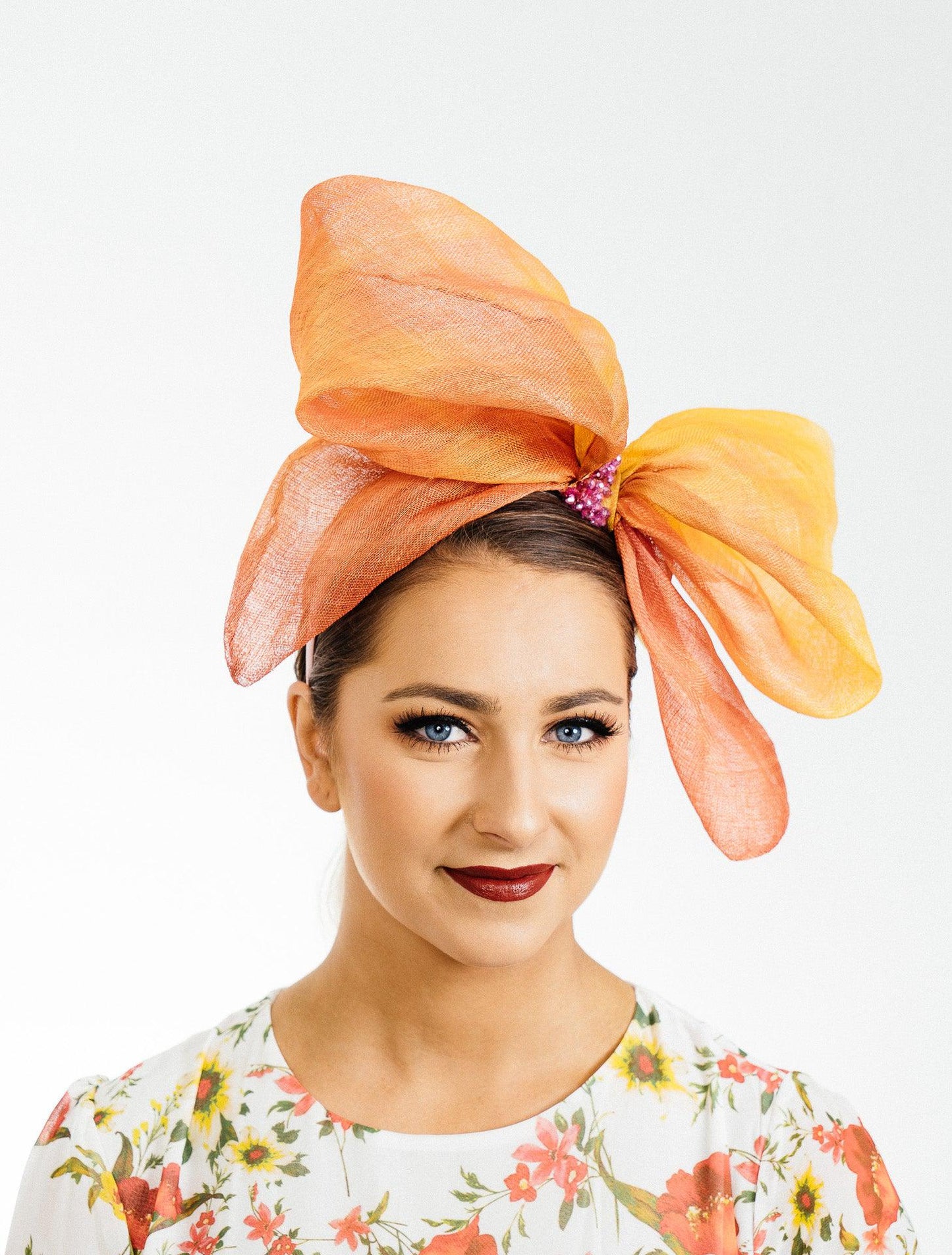 Orange Gold Bow Fascinator hand dyed sinamay