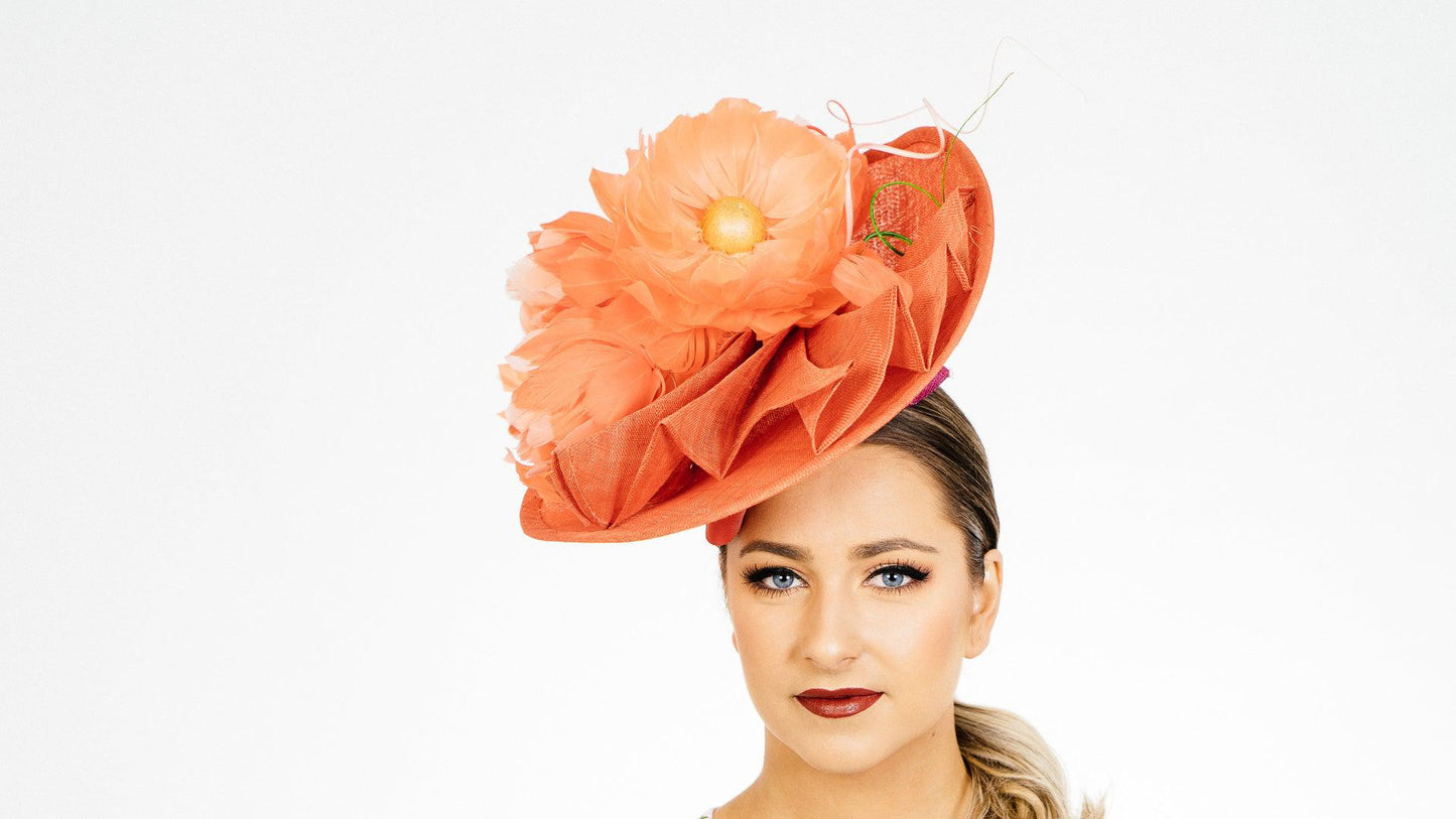 Orange Flower Upbrim Hat Feather Flowers