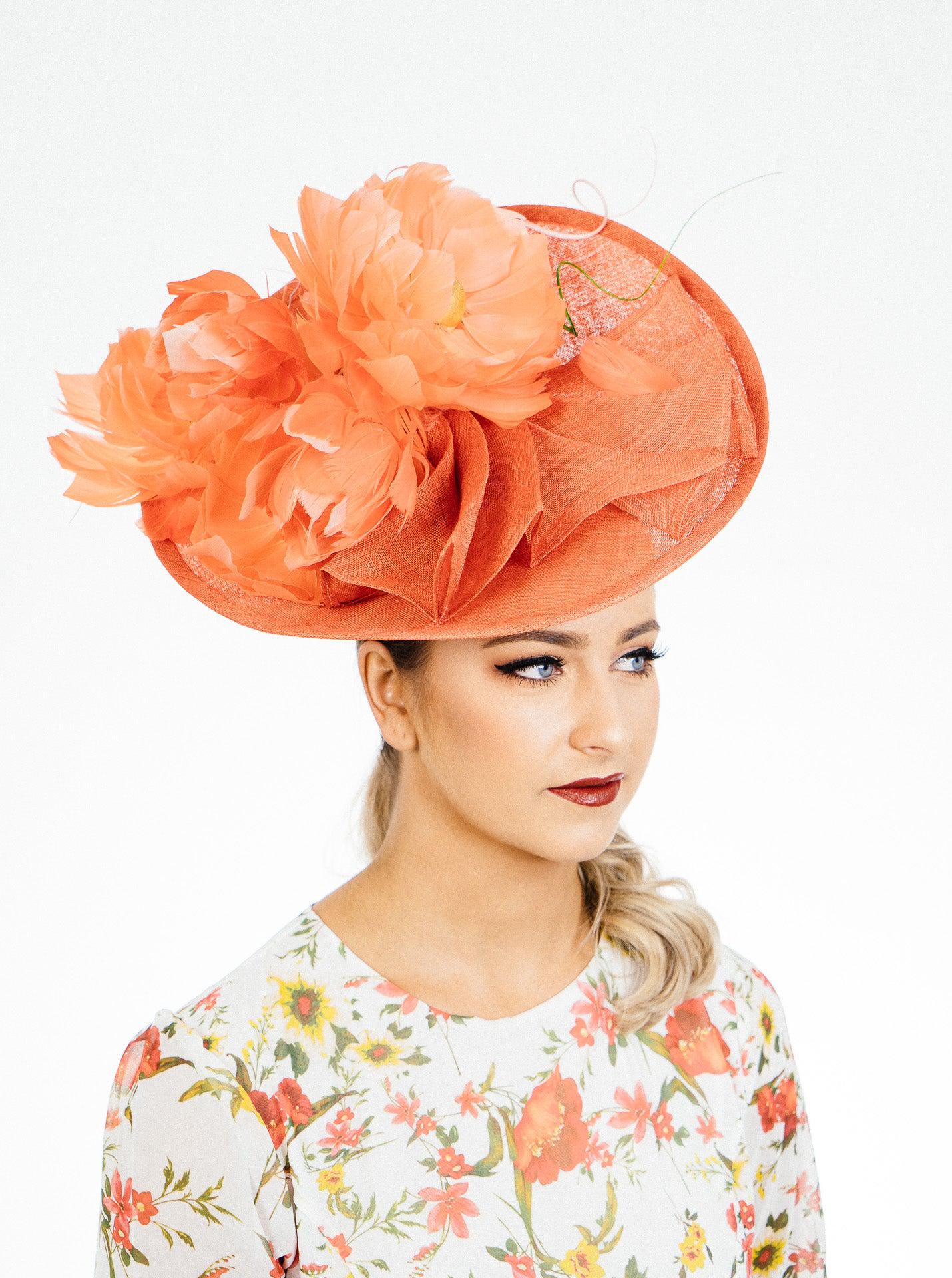Orange Flower Upbrim Hat Feather Flowers