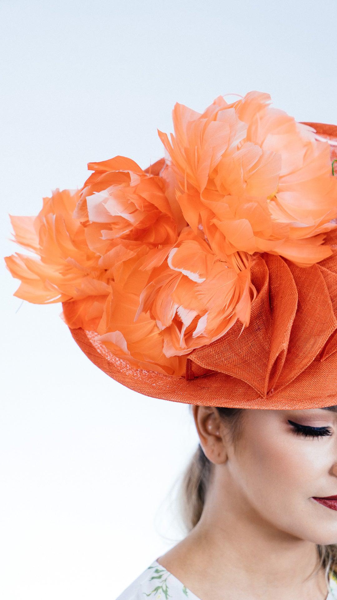 Orange Flower Upbrim Hat Feather Flowers