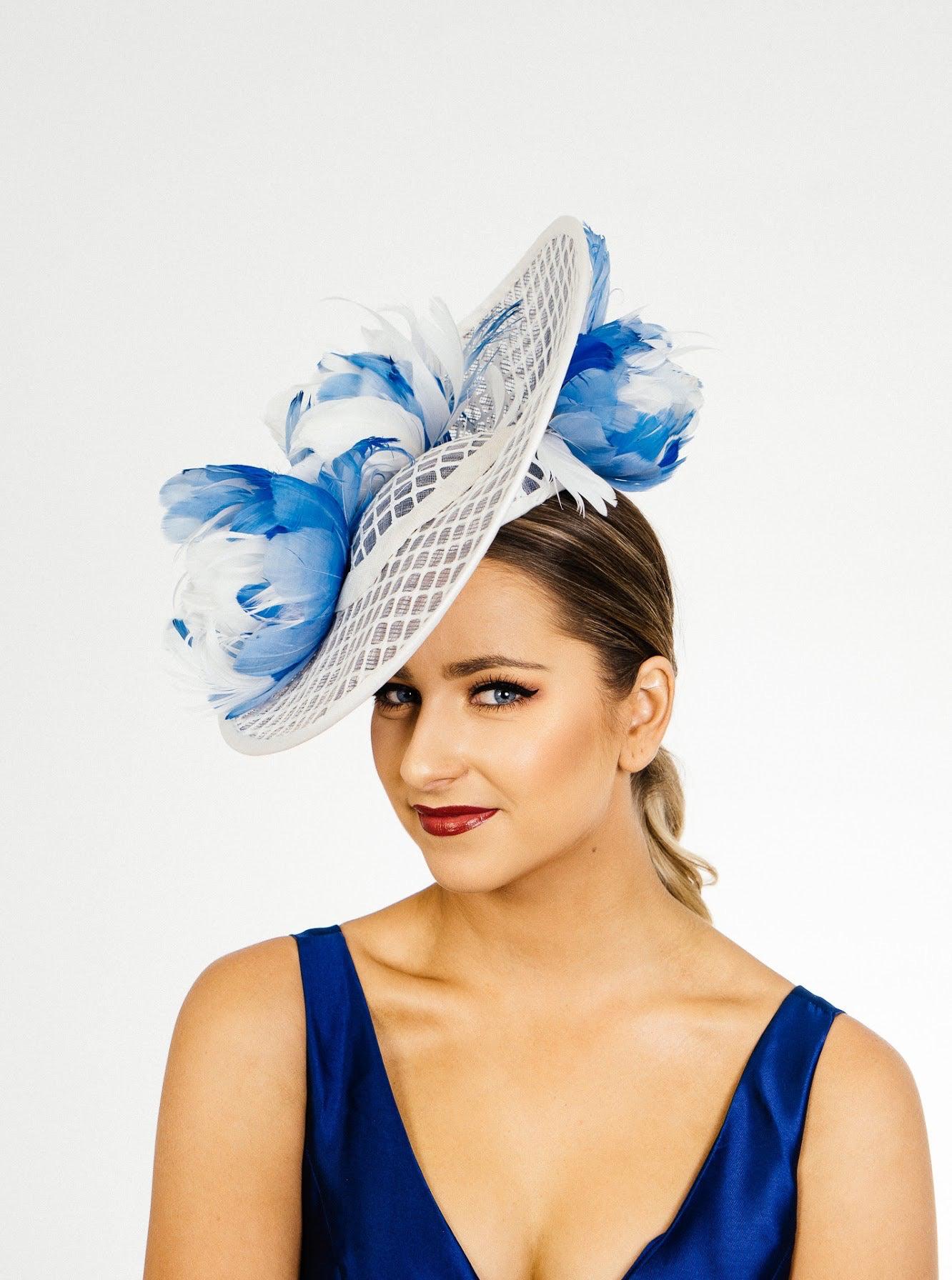 Blue White Upsweep Hat Feather Flowers