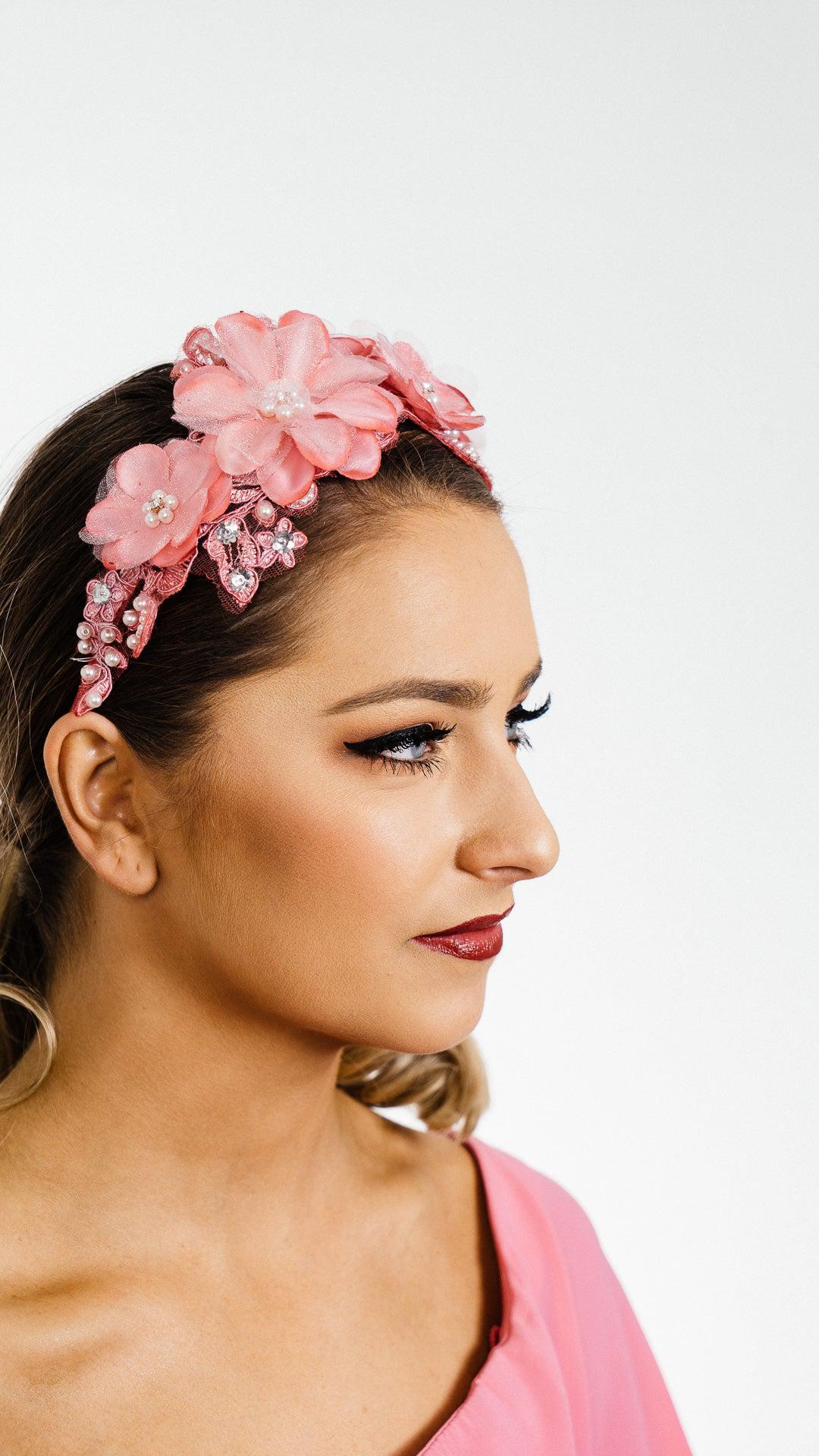 Pink Silk Flower Headband silk and pearls