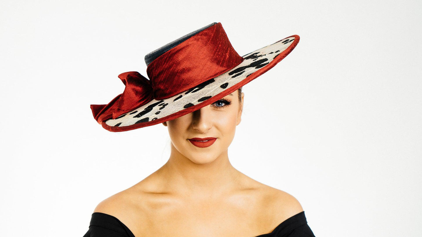 Black Floral Brim Hat Red silk bow