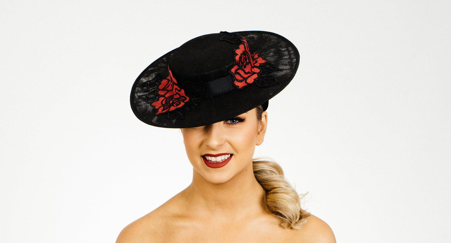 Black Red Boater Hat short crown