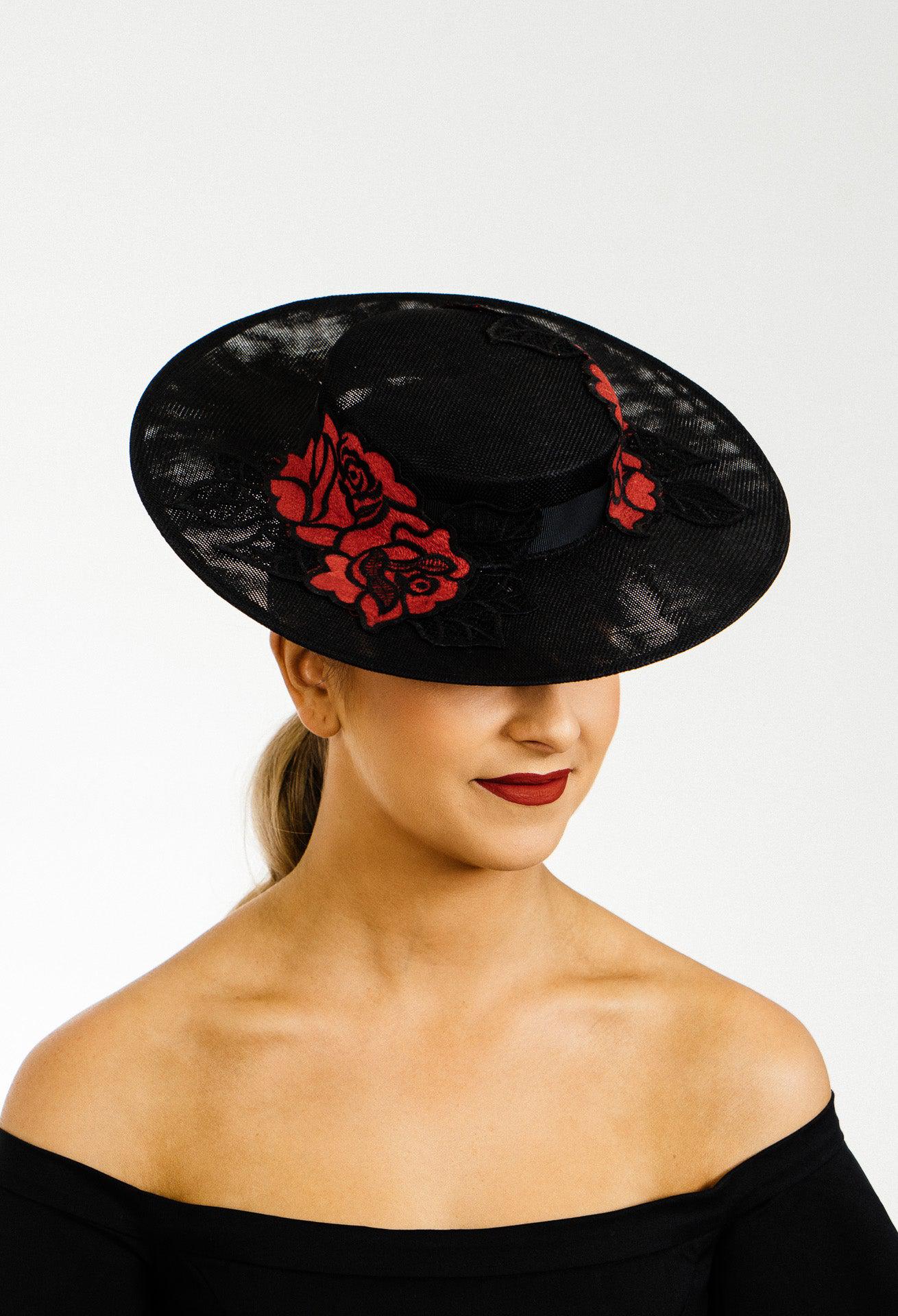 Black Red Boater Hat short crown