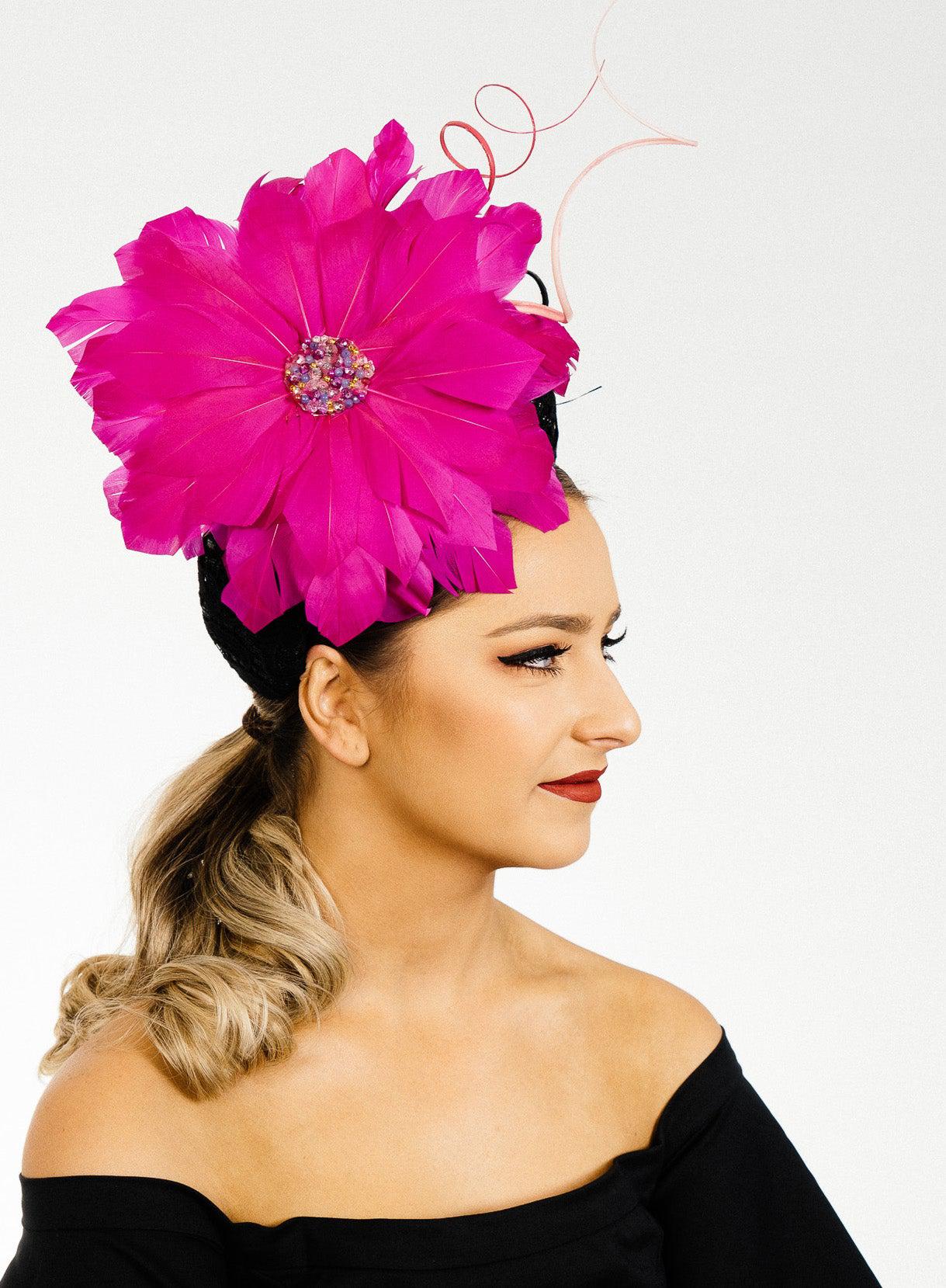 Cerise Pink Flower Headband Feathers