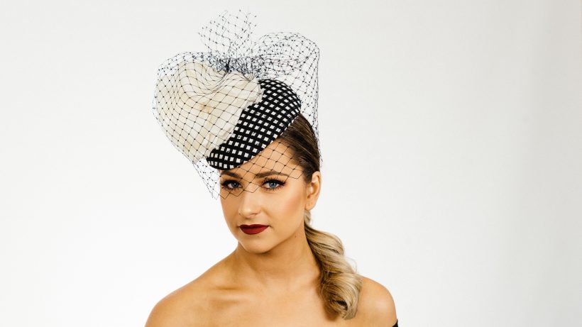 Black White Teardrop Button Hat with Veiling
