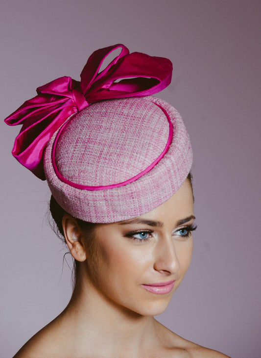 Pink Bow Pill Box Hat-silk and wool