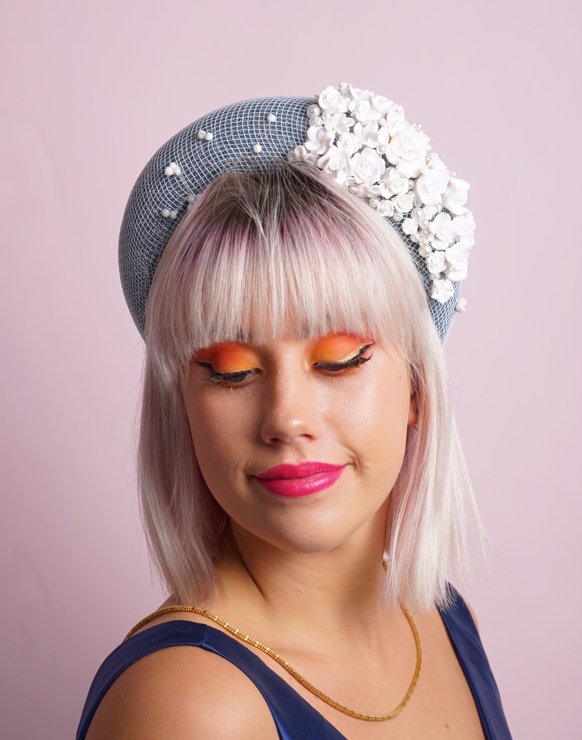 Teal Mesh Flower Headband with white resin flowers