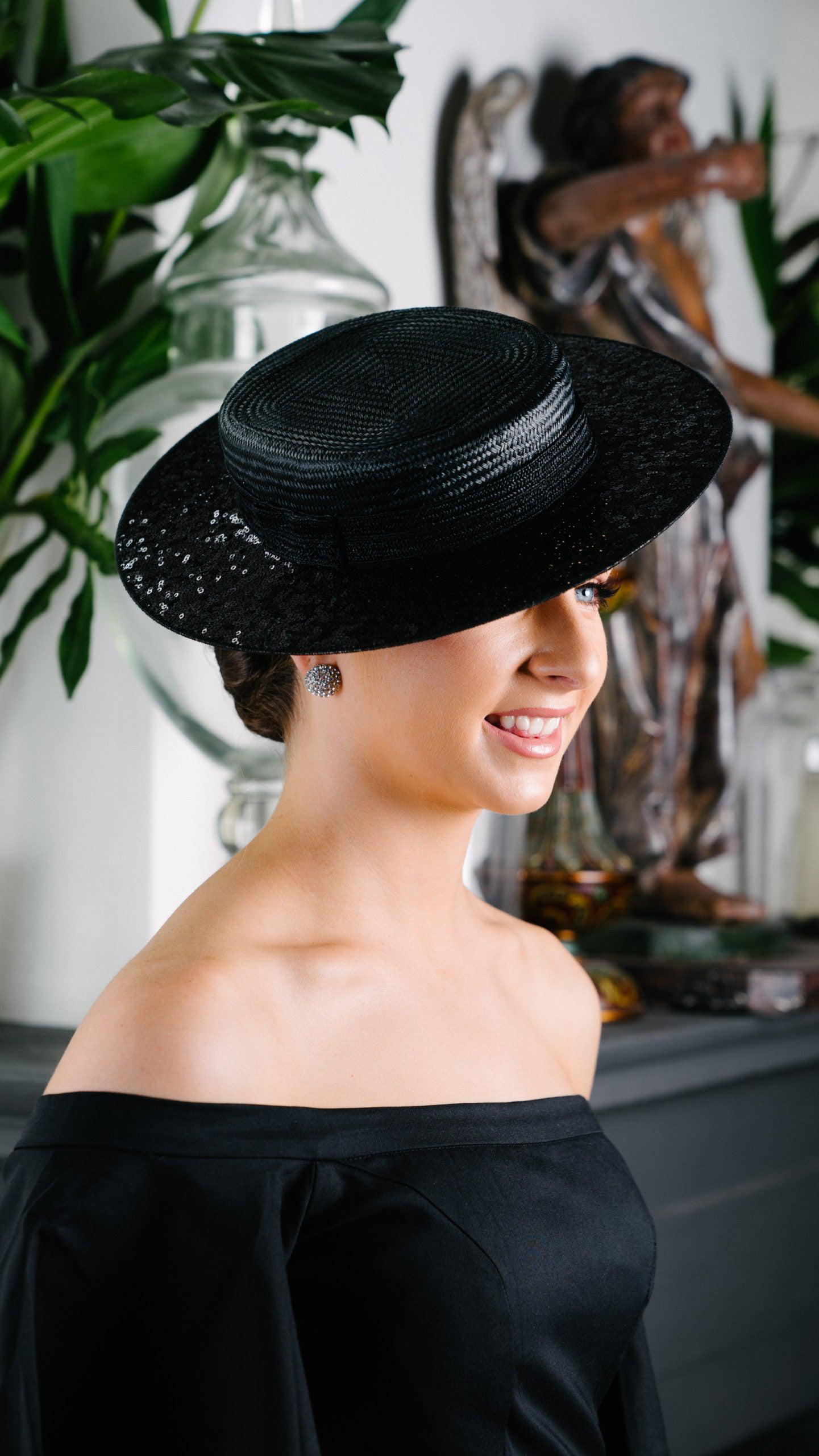 Black Straw Boater Hat black sequinned appliqué