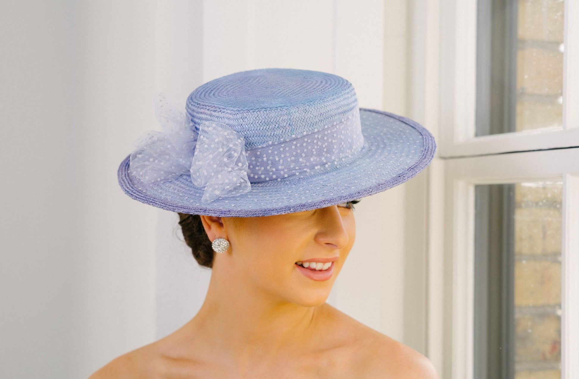 Lavender Straw Boater Hat Tulle in a Bow