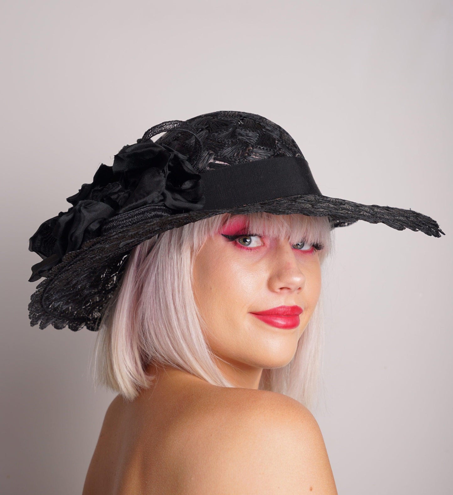 Black Crochet Straw Wide Brimmed Hat