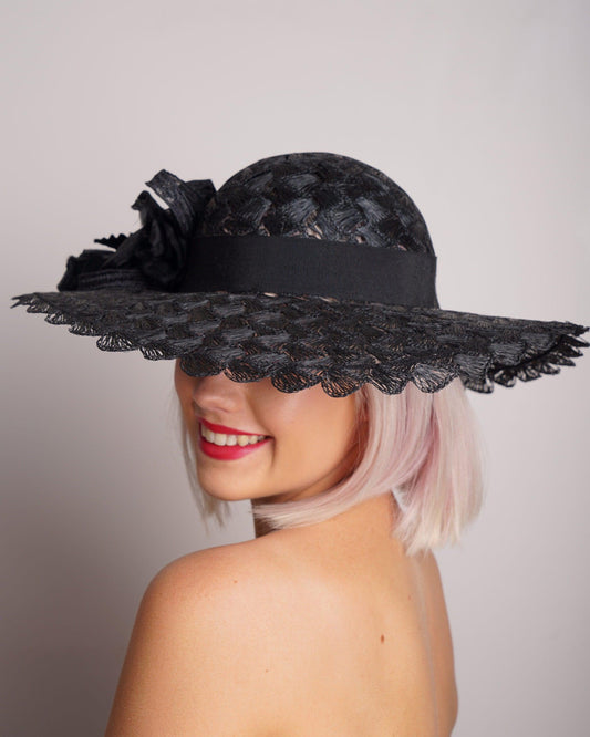 Black Crochet Straw Wide Brimmed Hat