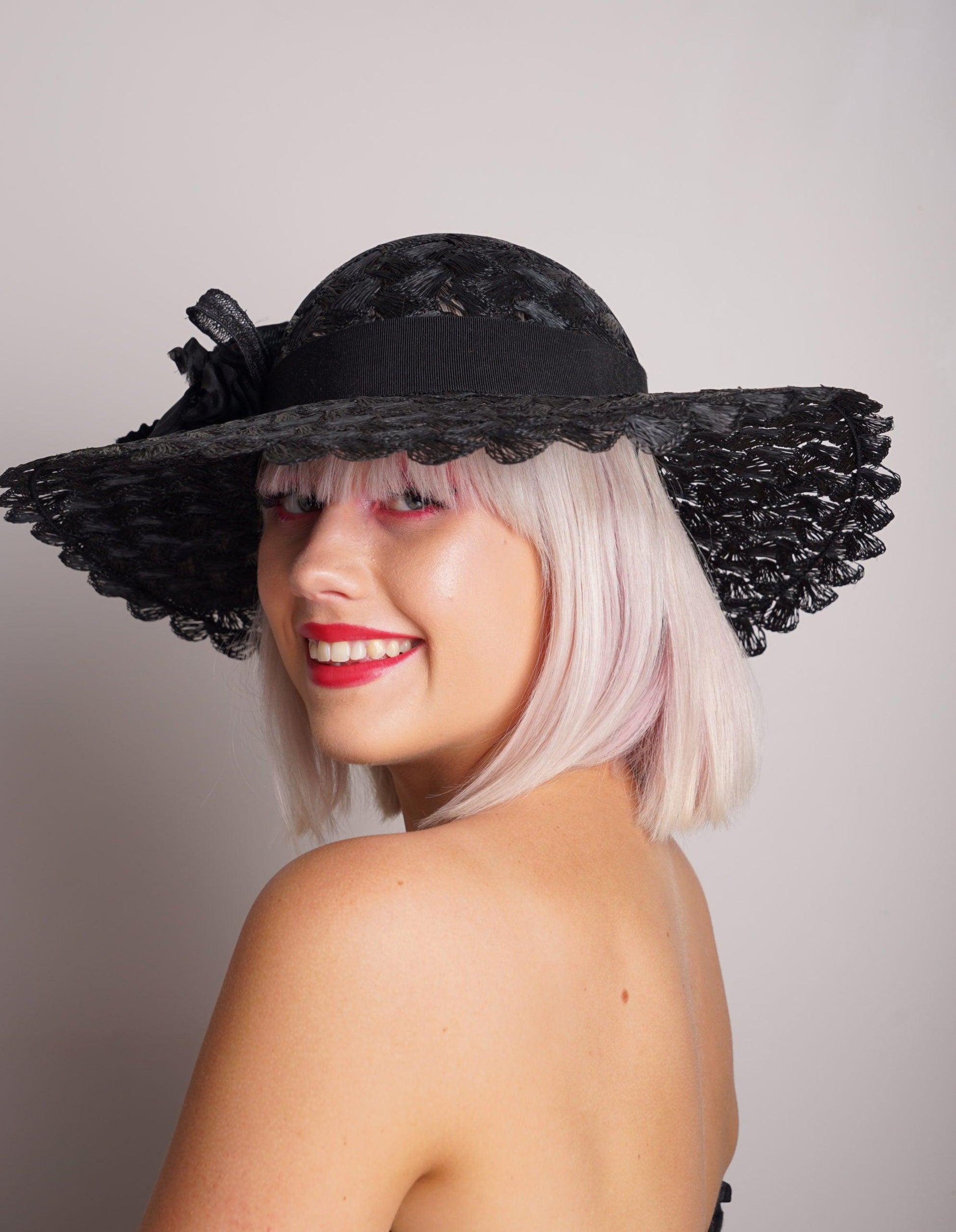 Black Crochet Straw Wide Brimmed Hat