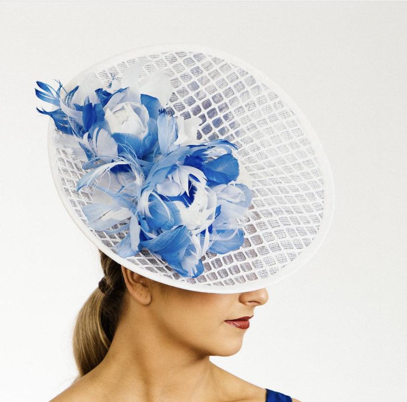 Blue White Upsweep Hat Feather Flowers