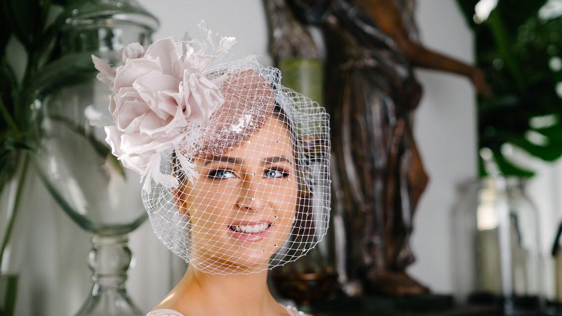Pink Sequin Button Hat Flowers and Veil