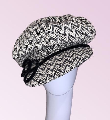 Black White Zigzag Newsboy Cap velvet trim