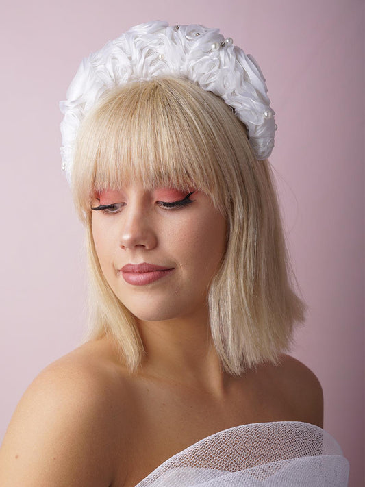 White Wide Headband Hat- white silk ribbon