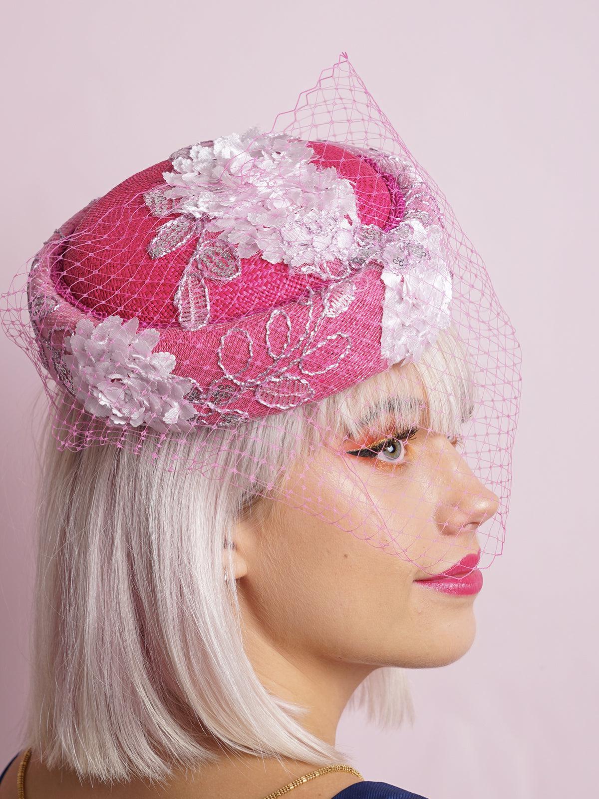 Pink Lace Veil Pillbox Hat