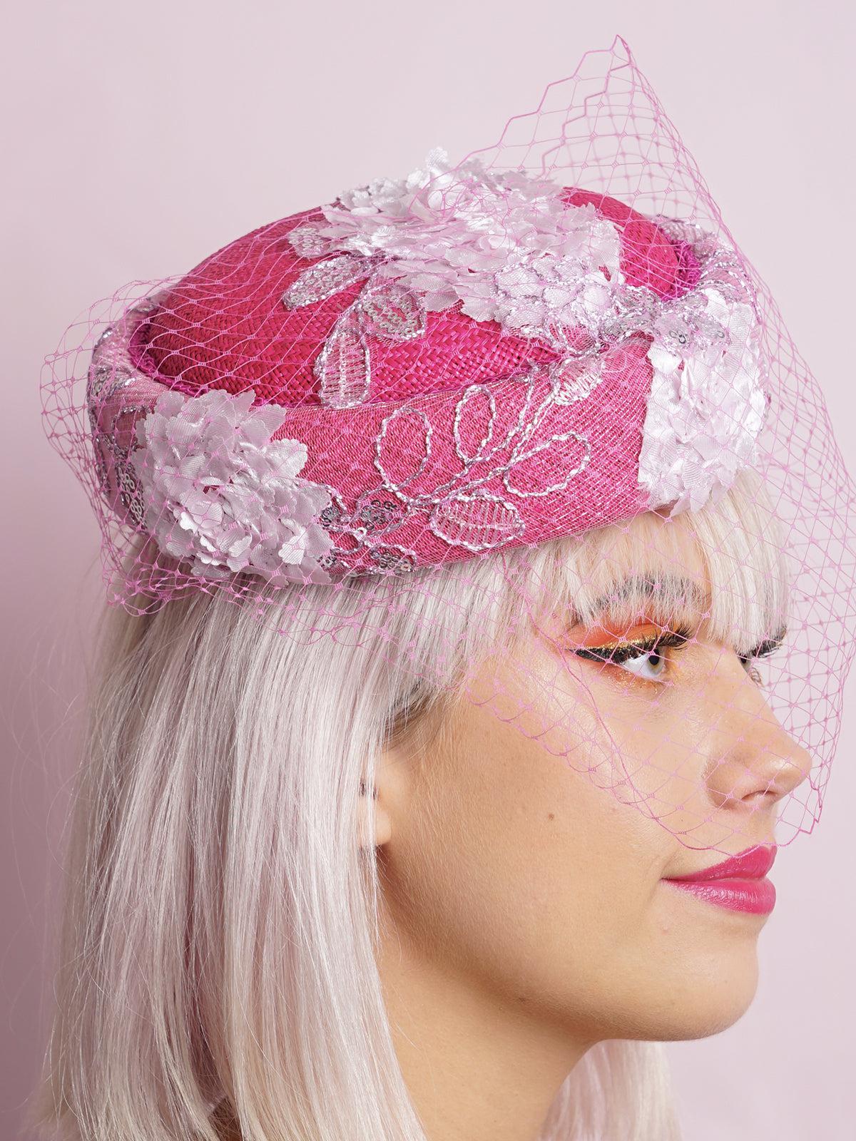 Pink Lace Veil Pillbox Hat