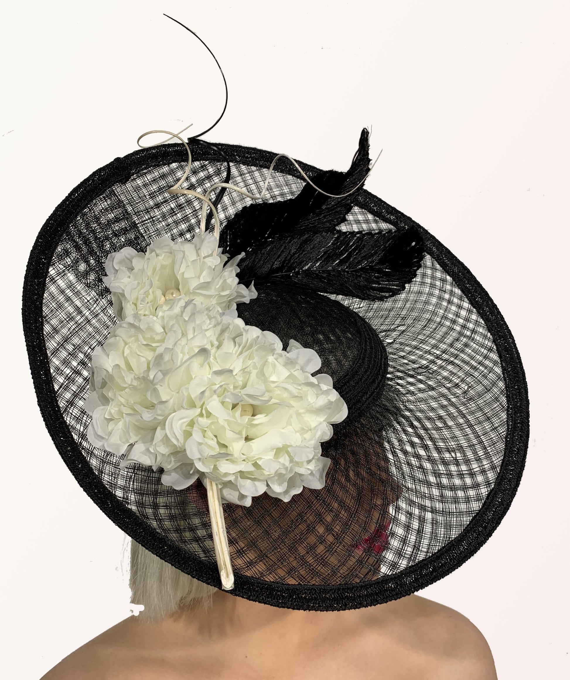 Black White Upbrim Hat White silk Flowers